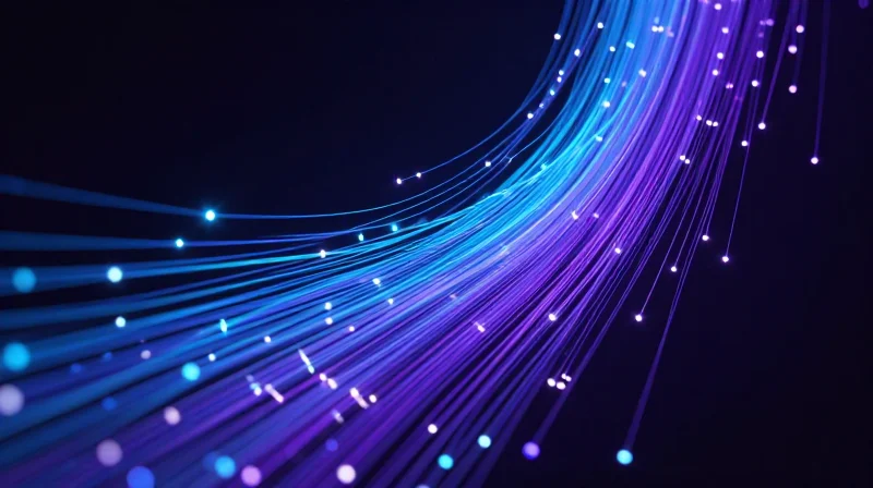 Abstract data visualization of 800G data streams and glowing nodes