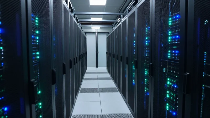 Modern hyperscale data center aisle with high-density server racks