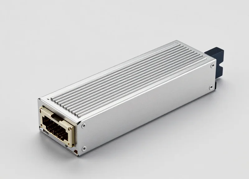 A professional studio shot of an 800G OSFP transceiver module showcasing its metallic casing, cooling fins, and MPO interface.