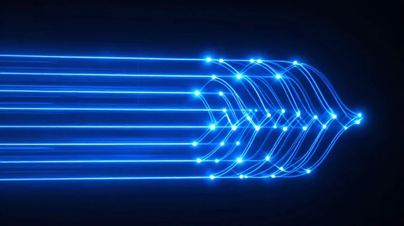 Latency Performance: DR8 vs. FR8 Architectures Abstract visualization comparing the speed of parallel fiber transmission versus wavelength multiplexing.