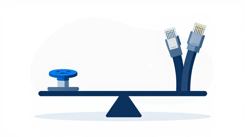 Total Cost of Ownership (TCO) Breakdown Flat vector illustration of a balance scale weighing a module against complex fiber infrastructure.