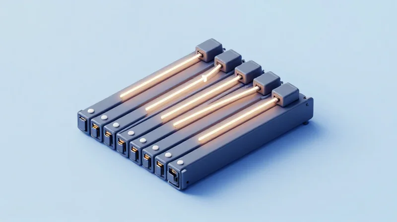 Technical Architecture of Ubytelink 800G OSFP DR8 Isometric 3D model of a high-performance 8-lane optical transceiver architecture