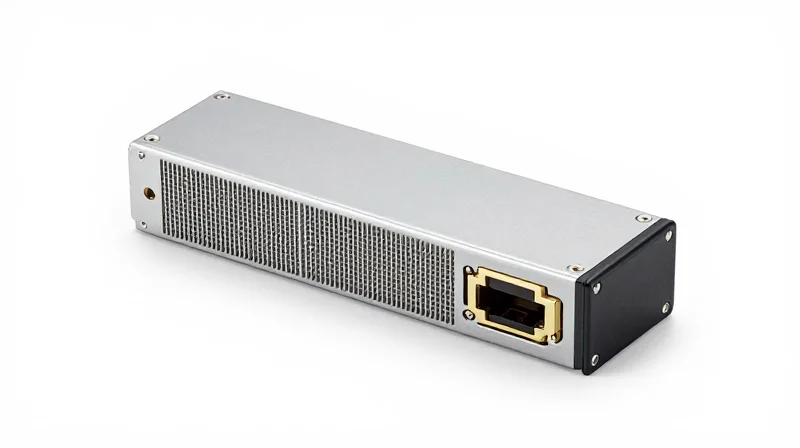 The Silicon Photonics Advantage: Efficiency and Scalability Professional studio shot of a metallic 800G OSFP transceiver module