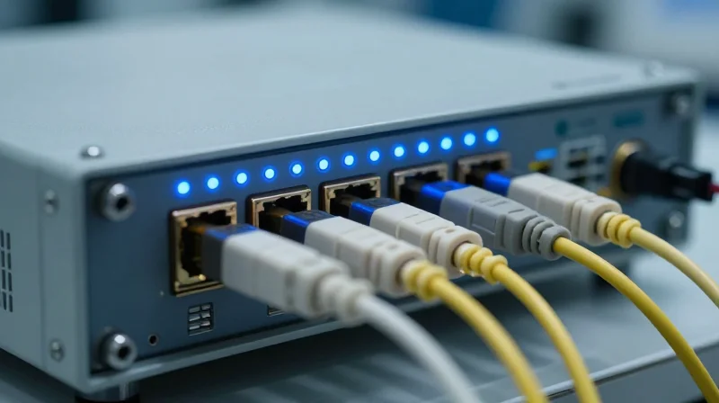 Rigorous Reliability Testing and EEAT Compliance Photorealistic close-up of optical transceiver testing in a high-tech lab