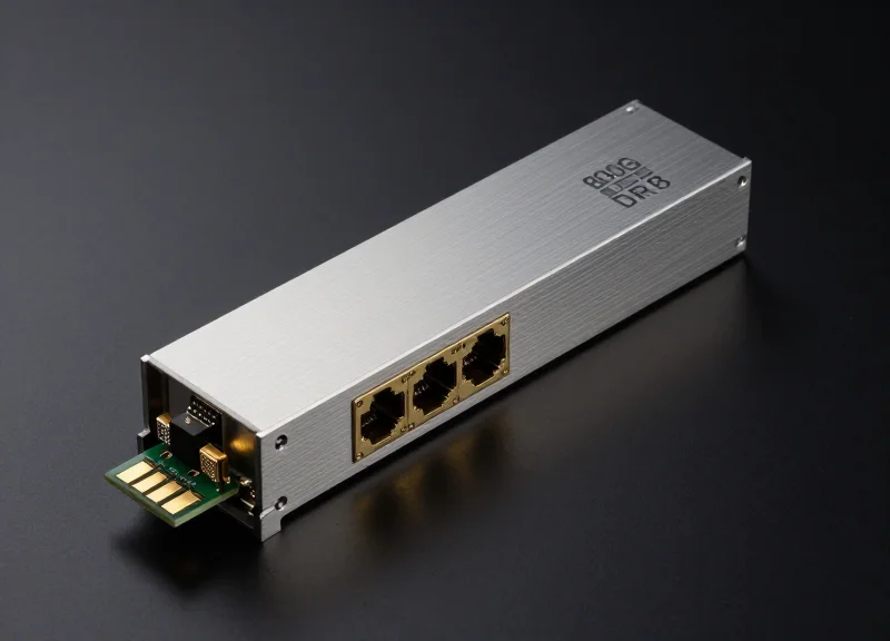 A professional studio shot of a high-performance 800G OSFP DR8 optical transceiver module featuring a sleek metallic casing and gold-plated pins.