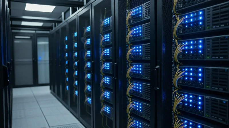 The Rise of 800G: Why the QSFP-DD SR8 is a Market Leader A wide-angle cinematic shot of a state-of-the-art data center with glowing blue server racks and organized networking cables.