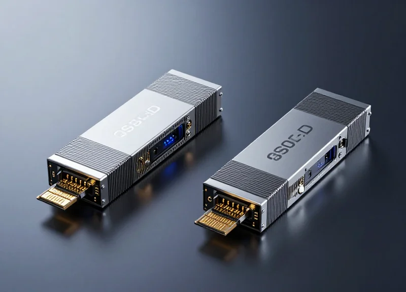 Two high-performance 800G optical transceivers placed side-by-side on a dark reflective surface for comparison.