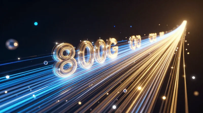 Abstract digital representation of high-speed data flow transitioning into 800G bandwidth.