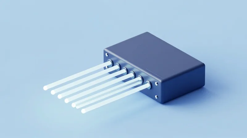Isometric 3D model of an optical transceiver illustrating eight parallel fiber lanes.