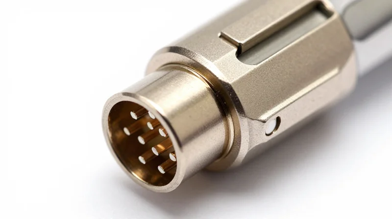 Macro product shot of a high-density MPO-16 optical connector.