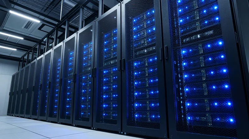 Wide shot of a modern data center with server racks for AI training clusters.