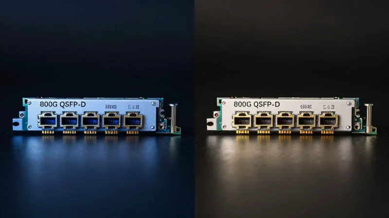 Side-by-side comparison of 800G SR8 and DR8 optical modules on a dark background.