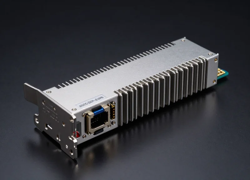 A professional high-speed 800G QSFP-DD SR8 optical transceiver module showcasing its metallic housing, heat sink fins, and gold-plated electrical connectors on a dark technical surface.