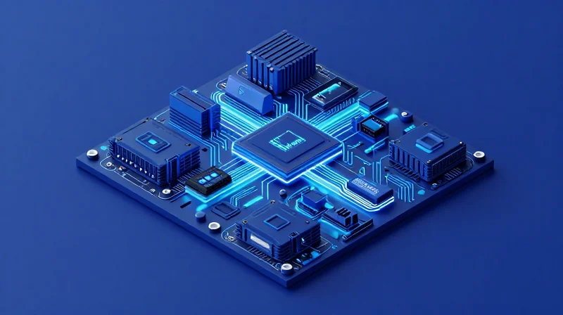 The Core Components of H100 Connectivity Isometric 3D illustration of a high-tech GPU motherboard with glowing interconnecting pathways.