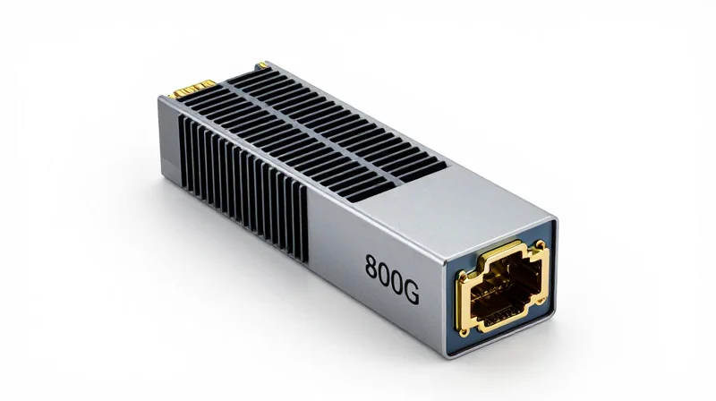 Optical Transceivers and Cabling for H100 Close-up product shot of a high-performance 800G optical transceiver module.