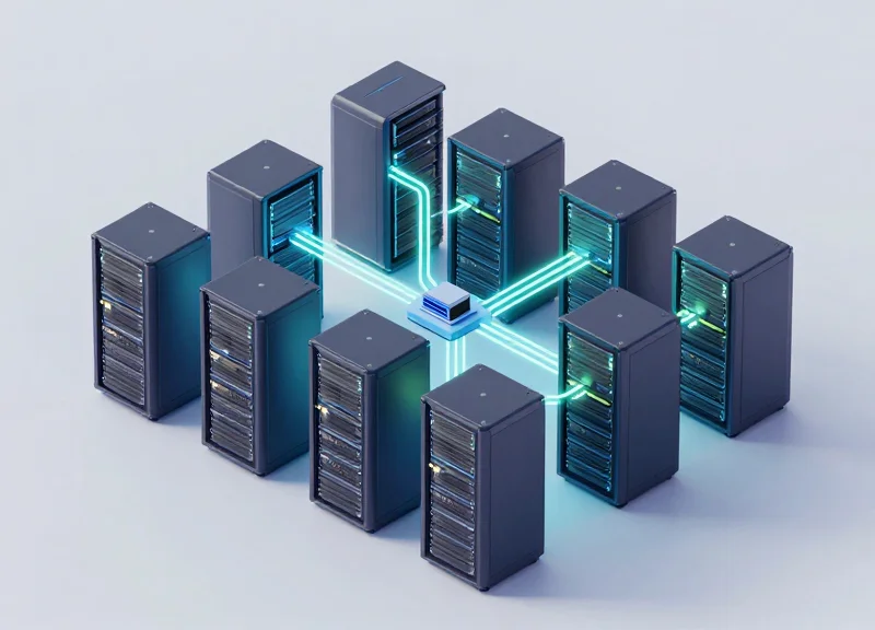 An isometric 3D illustration showing interconnected high-performance computing modules with glowing data lines representing a technical hardware network.