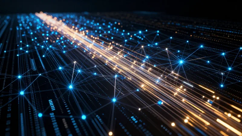 Abstract representation of high-speed 800G data flow with glowing nodes