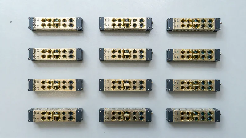 Flat lay view of multiple 800G optical transceivers neatly organized in a wholesale packaging layout