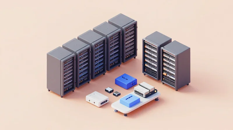 Isometric 3D view of custom network modules being integrated into a cloud infrastructure