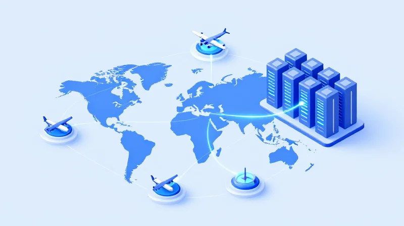 Isometric 3D visualization of the global supply chain and distribution network for network hardware
