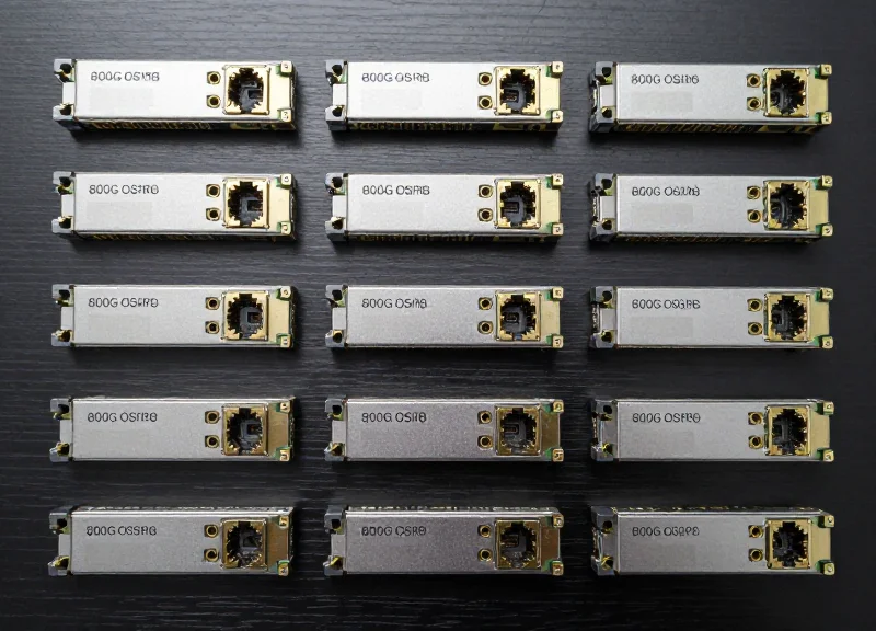 A professional top-down flat lay showing multiple 800G OSFP DR8 optical transceiver modules neatly organized in rows on a sleek metallic surface.