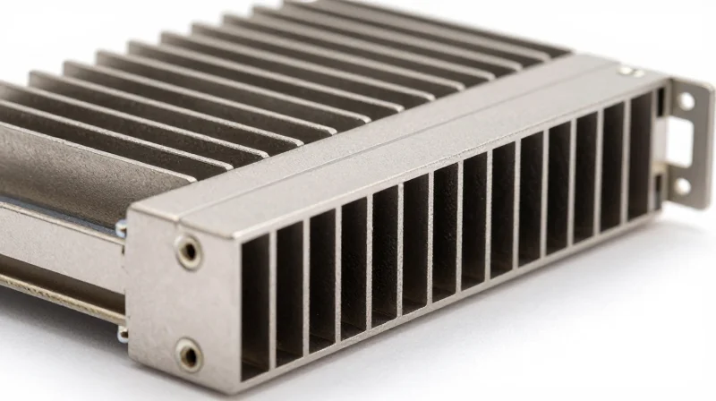 Physical Layer: OSFP Form Factor and Thermal Management Close-up shot of an OSFP module showing the integrated heatsink structure.