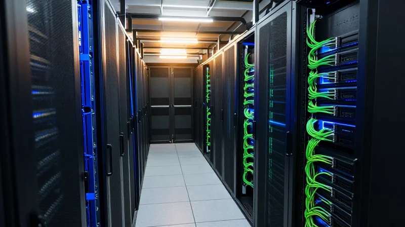 Deployment Scenarios: AI Clusters and Spine-Leaf Networking A modern data center interior with networking racks for AI clusters.