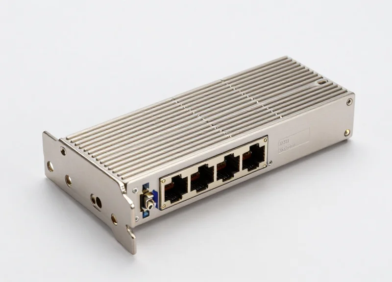 A high-detail studio shot of an 800G OSFP optical transceiver module with a metallic finish and heat sink fins, showing the industrial design of the hardware.