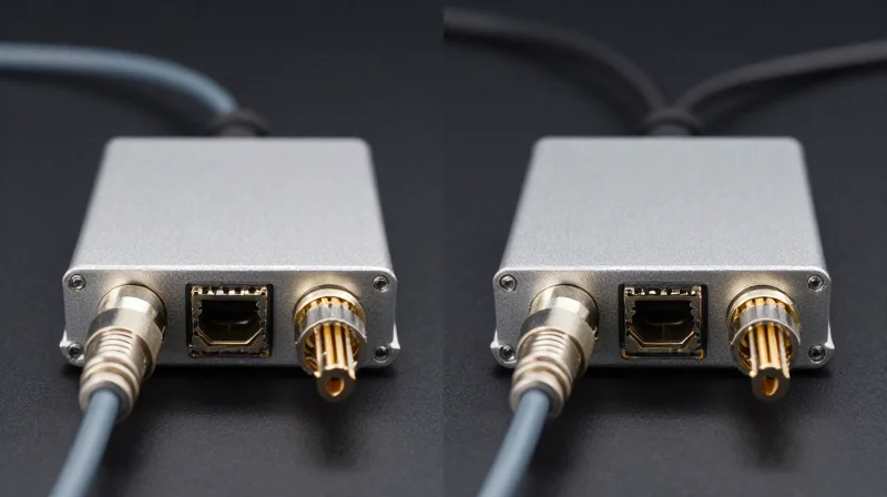 Comparing the Challengers: InfiniBand and RoCEv2 Side-by-side comparison of two high-speed networking cables in a studio setting.