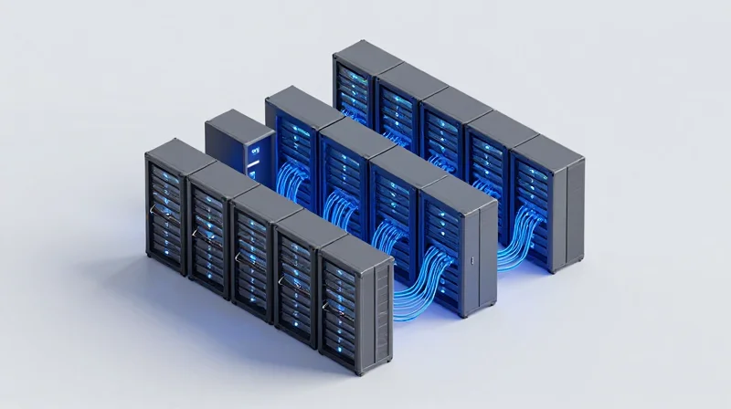 Real-World Scaling: From Small Clusters to AI Supercomputers Isometric view of a massive data center expanding from a single rack to a large cluster.