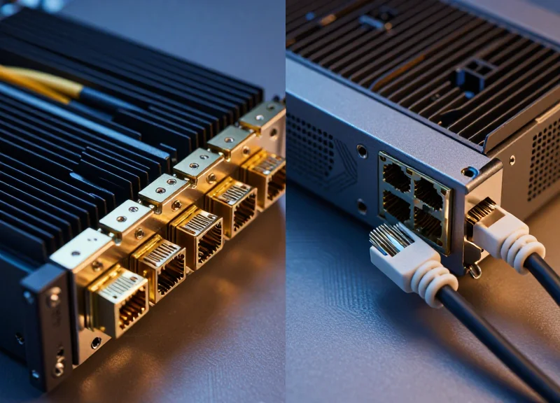 A side-by-side comparison of two high-performance server hardware setups featuring different networking interconnect cables and cooling systems, captured in a professional studio with cinematic lighting.