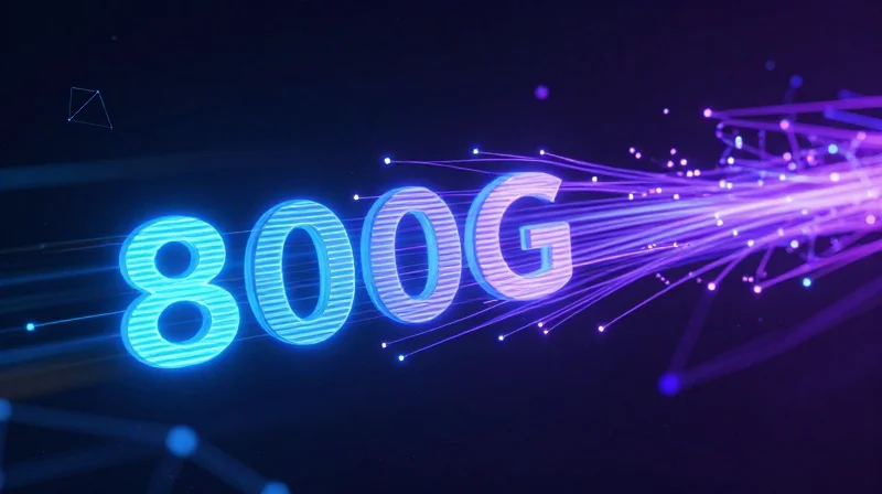 Abstract visualization of 800G high-speed data streams and AI-driven networking concepts.