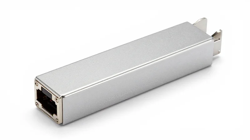 Close-up of an 800G QSFP-DD SR8 optical transceiver module on a white background.