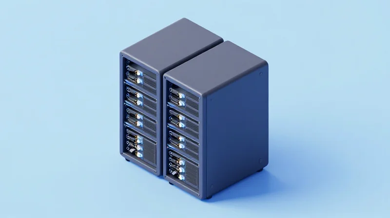 Isometric 3D model of customized network modules and servers.