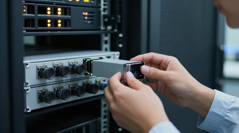 Professional technician performing quality control testing on optical modules.