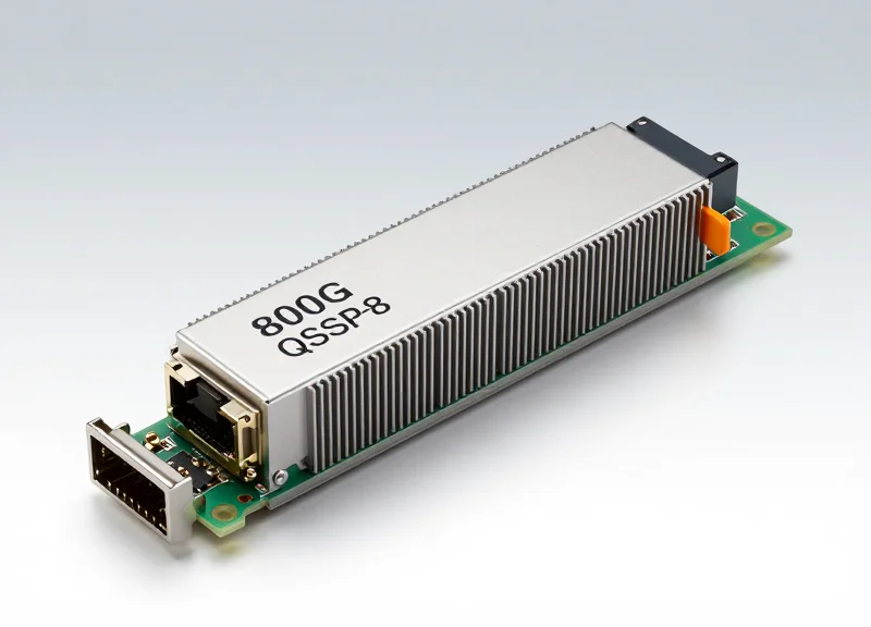 A professional-grade 800G QSFP-DD SR8 optical transceiver module with a sleek metallic finish and high-precision fiber optic connectors, shown from a side angle.