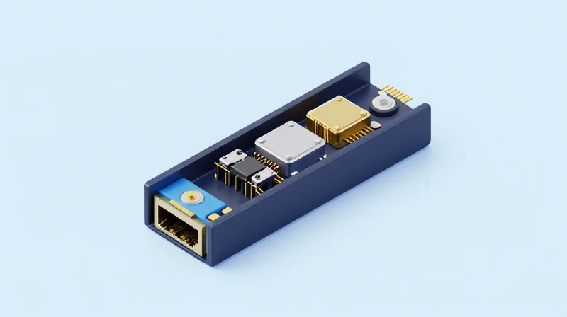 Isometric 3D view of an 800G OSFP network transceiver showing internal architecture components.