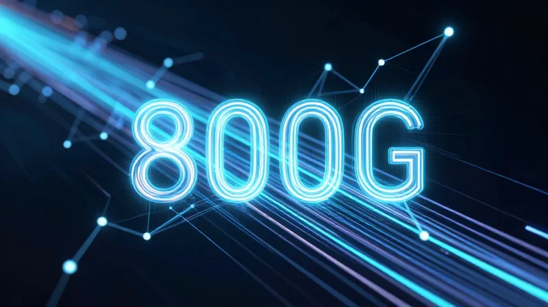 Abstract visualization of 800G high-speed data flow with glowing light trails and connection nodes.