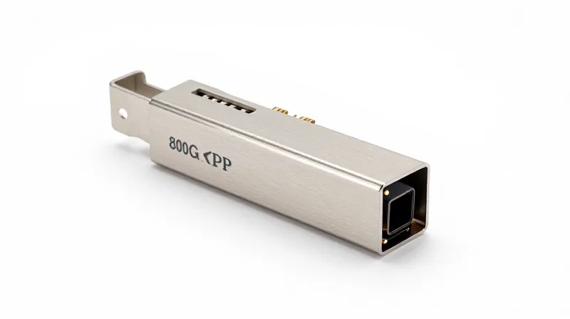 Professional studio product photography of a sleek metallic 800G OSFP transceiver module.