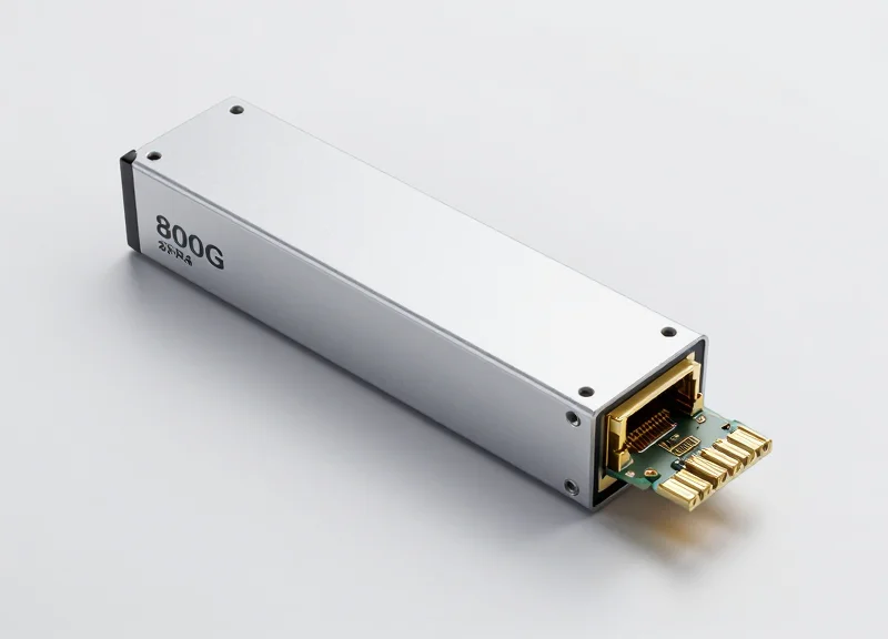 A professional close-up of an 800G OSFP 2xFR4 optical transceiver module, highlighting its metallic finish and high-speed network connectors.