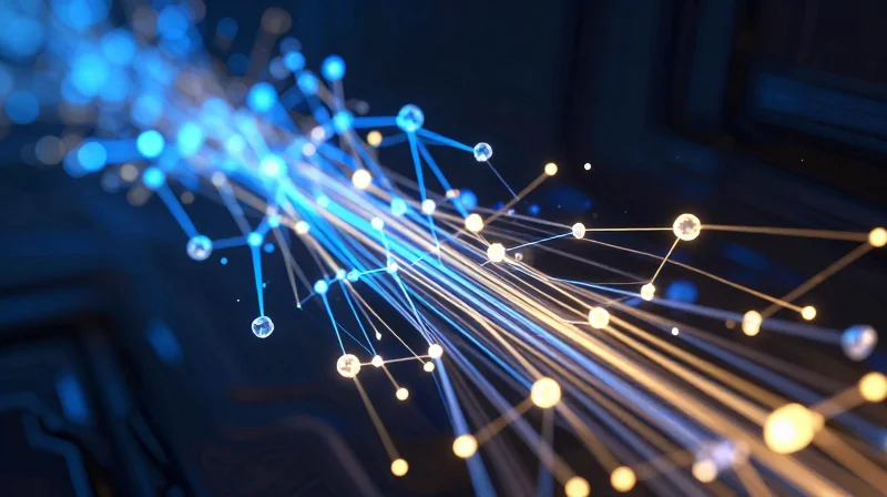 Abstract visualization of high-speed data flow and fiber optic streams connecting technological nodes.
