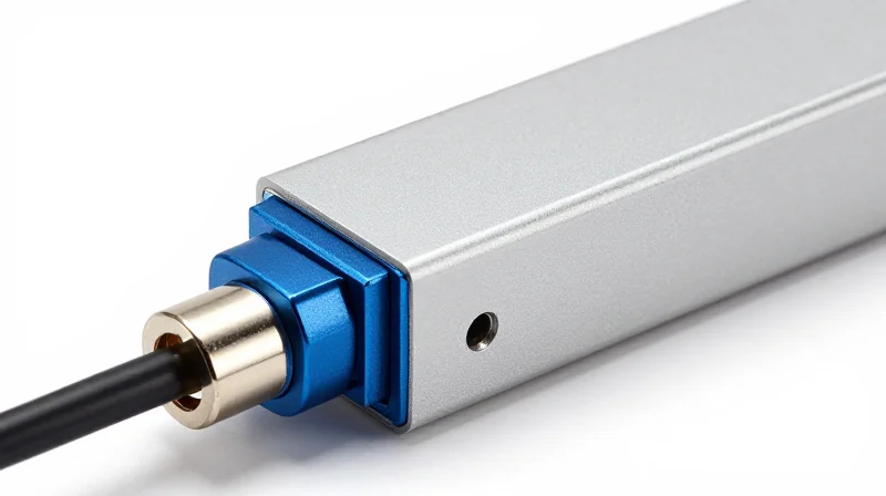 A close-up high-resolution shot of a professional fiber optic transceiver component with metallic details.