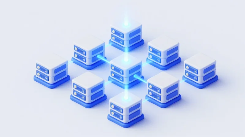 Isometric 3D model of an AI server cluster showing data synchronization between units.