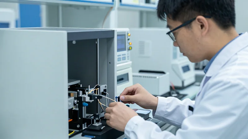 A professional laboratory technician testing optical equipment in a high-tech cleanroom.