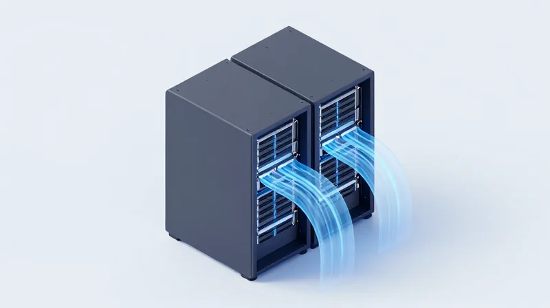 An isometric view of a server rack with blue translucent paths representing cooling airflow.