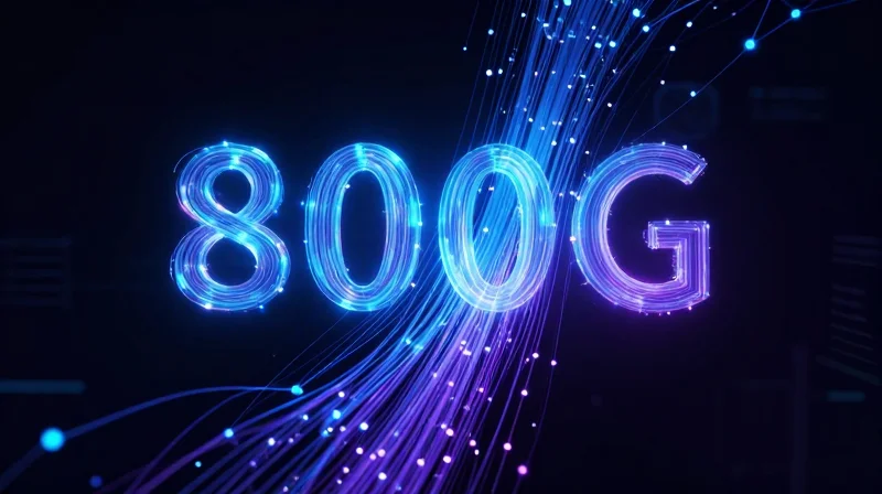 Abstract visualization of high-speed data transition from 400G to 800G with glowing fiber optic streams.