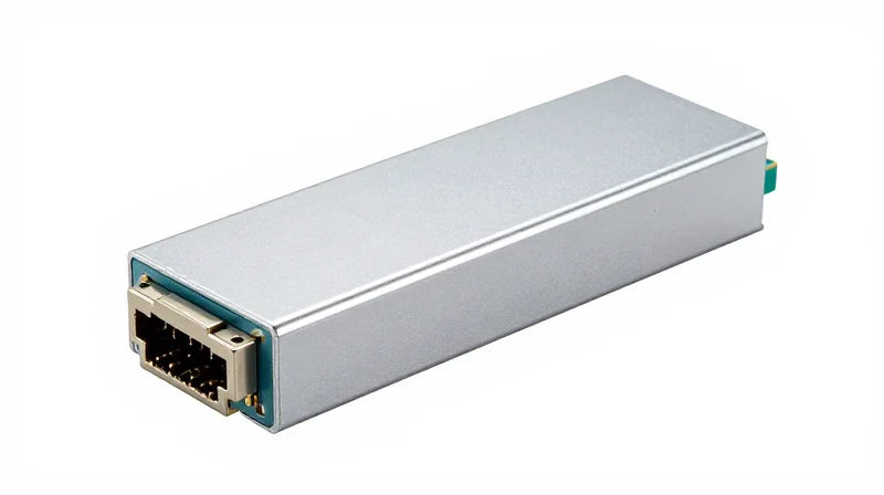 Professional studio shot of the 800G QSFP-DD SR8 transceiver module showing the MPO-16 interface.