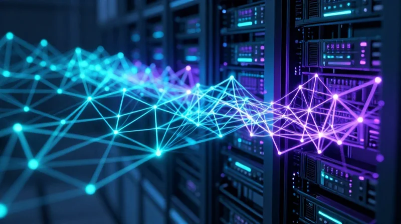 Futuristic representation of low-latency data synchronization for AI and machine learning workloads.