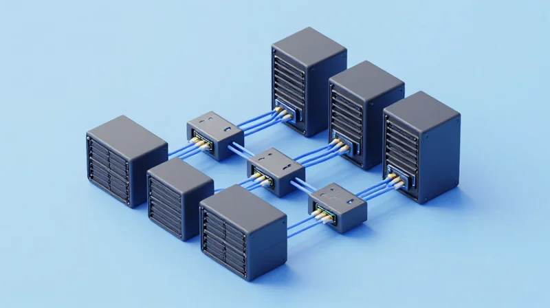 Isometric 3D illustration of interconnected network modules representing multi-vendor compatibility.