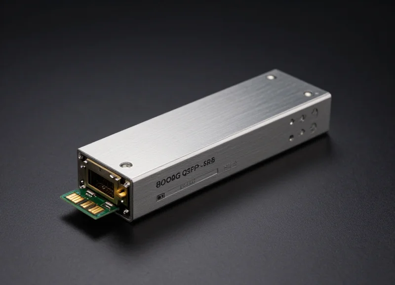 A high-precision 800G QSFP-DD SR8 optical transceiver module with a sleek metallic finish and gold-plated pins, shown from a 45-degree angle on a professional dark studio background.